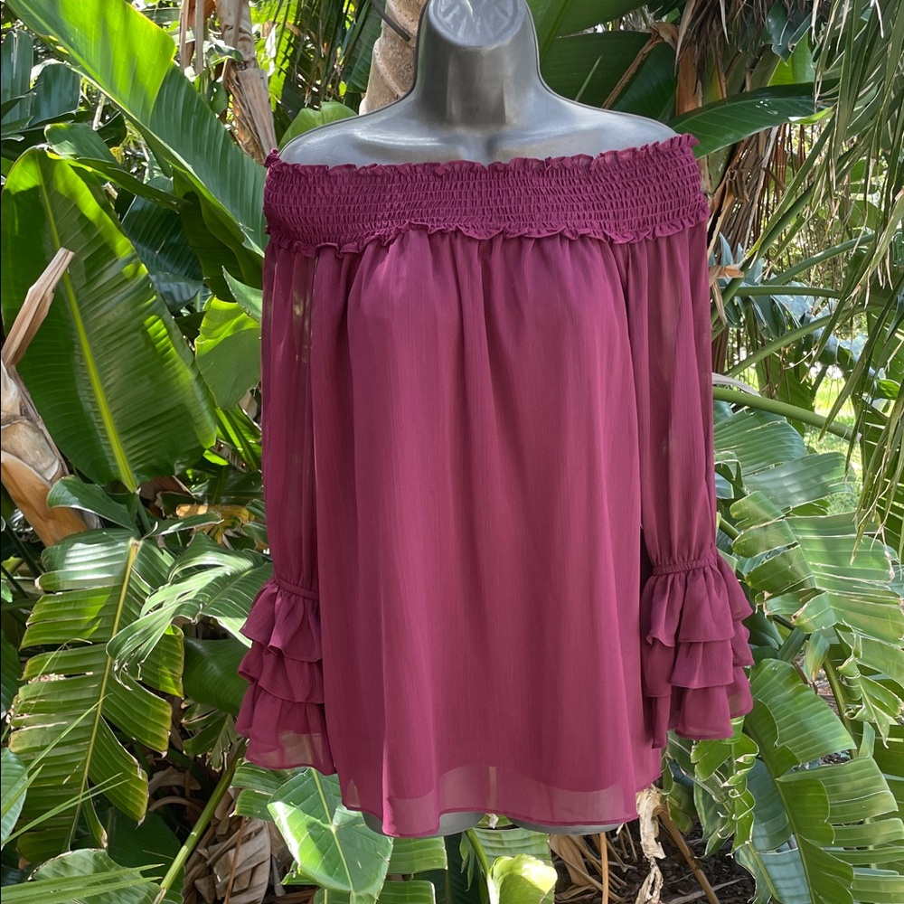 CeCe off the shoulder, ruffled romantic blouse